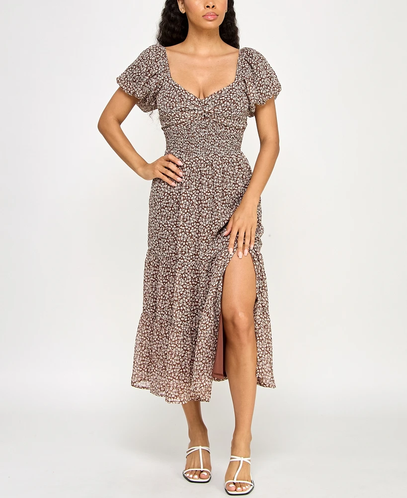 Trixxi Juniors' Printed Sweetheart Puff-Sleeve Midi Dress