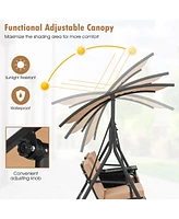 Gymax 2-Person Canopy Porch Swing Padded Chair Cooler Bag Rotatable Tray