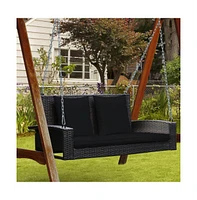 2-Person Wicker Hanging Porch Swing with 2 Back Cushions and 1 Seat Cushion