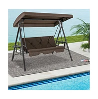 Convertible 3-Seat Patio Porch Swing Chair to Flat Bed with Adjustable Canopy