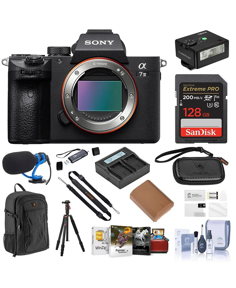 Sony Alpha a7 Iii Mirrorless Camera, Black, Bundle with 128GB Memory Card, Backpack, Tripod/Monopod, Extra Battery, Charger Kit, Flash, Microphone, Ot
