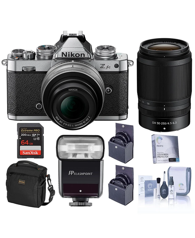 Nikon Z fc Dx-Format Mirrorless Camera with 16-50mm f/3.5-6.3 Lens, Silver and 50-250mm f/4.5-6.3 Lens, Bundle with Zoom-Mini Ttl R2 Flash, 64GB Memor