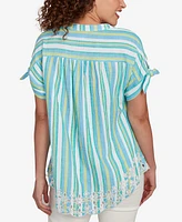 Ruby Rd. Petite Scalloped Stripe Embroidered Tie Sleeve Top