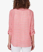 Ruby Rd. Petite Gingham Silky Henley Crew Neck Top