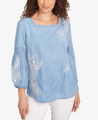 Ruby Rd. Petite Floral Embroidered Square Neck Top