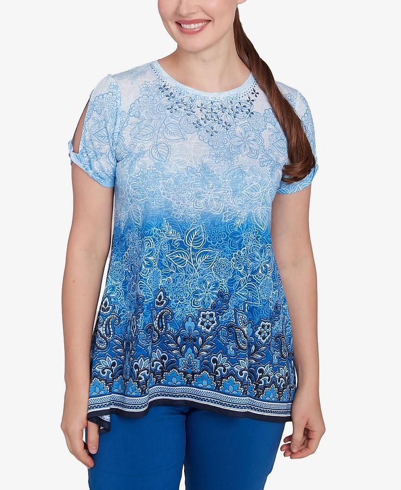 Ruby Rd. Petite Crystal Ombre Cold Shoulder Crew Neck T-Shirt