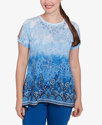 Ruby Rd. Petite Crystal Ombre Cold Shoulder Crew Neck T-Shirt
