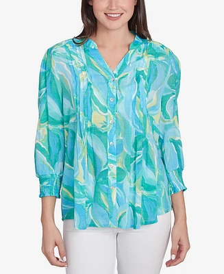 Ruby Rd. Petite Abstract Tropical Silky Button Front V-Neck Top