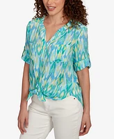 Ruby Rd. Petite Paradise Ikat Button Tie Front V-Neck Top