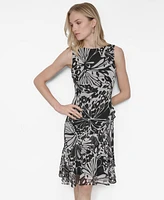 Dkny Women's Chiffon Printed Boat-Neck Ruffle-Hem Dress