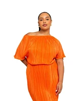 Fashion-szn Curve Women's Asymmetric Orange Plisse Midaxi Dress