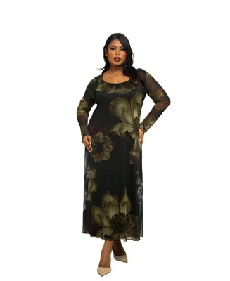 Fashion-szn Curve Plus Long Sleeve Floral Print Midaxi Dress