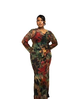 Fashion-szn Curve Plus Long Sleeve Floral Print Mesh Maxi Dress