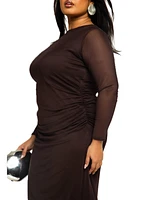 Fashion-szn Curve Plus Long Sleeve Chocolate Mesh Midaxi Dress