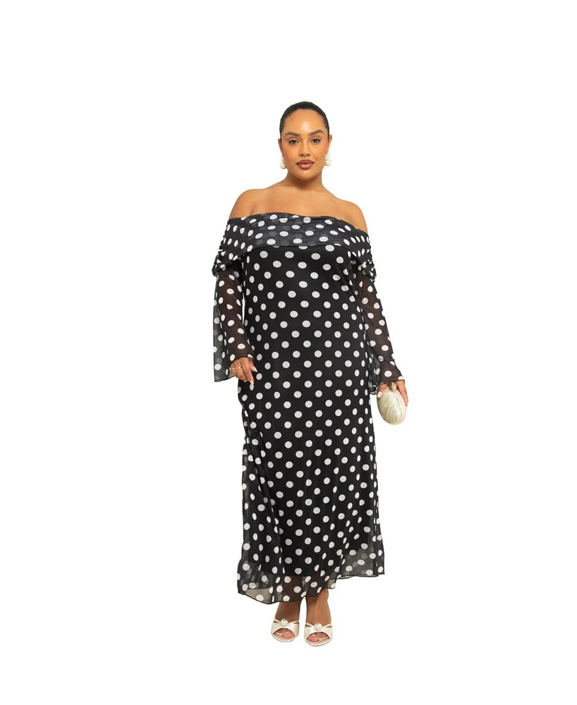 Fashion-szn Curve Plus Mesh Polka Dot Long Sleeve Midi Dress