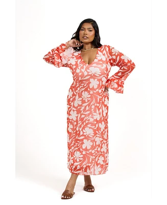 Fashion-szn Curve Women's Long Sleeve Mesh Floral Midi Dress
