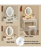 Makeup Dressing Table with Touch Switch Lighted Mirror and Cushioned Stool