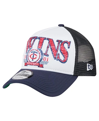 New Era Men's White/Navy Minnesota Twins Distressed 9FORTY A-Frame Adjustable Trucker Hat