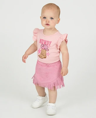 Rare Editions Baby Girls 2-Piece Cowgirl Graphic Bodysuit and Fringe Skirt Set