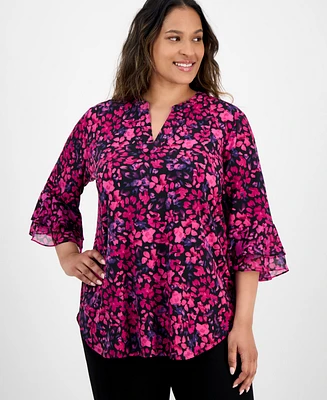 Kasper Plus Split-Neck Floral-Print Top