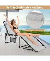 Gymax Folding Chaise Lounge Portable Lay Flat Reclining Chair w/ 4-Level Backrest Side Pocket Gray
