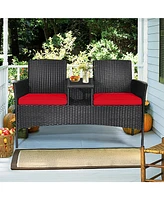Gymax Rattan Wicker Patio Conversation Set w/ Table Red Cushion