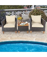 Gymax 3PCS Patio Furniture Set Conversation Bistro Set w/ Acacia Wood & Cushions Beige