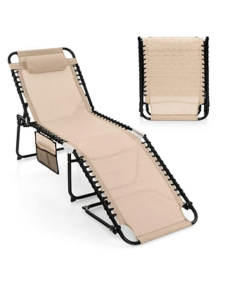 Gymax Patio Folding Chaise Lounge Portable Lay Flat Reclining Chair w/ 4-Level Backrest Side Pocket