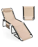 Gymax Patio Folding Chaise Lounge Portable Lay Flat Reclining Chair w/ 4-Level Backrest Side Pocket
