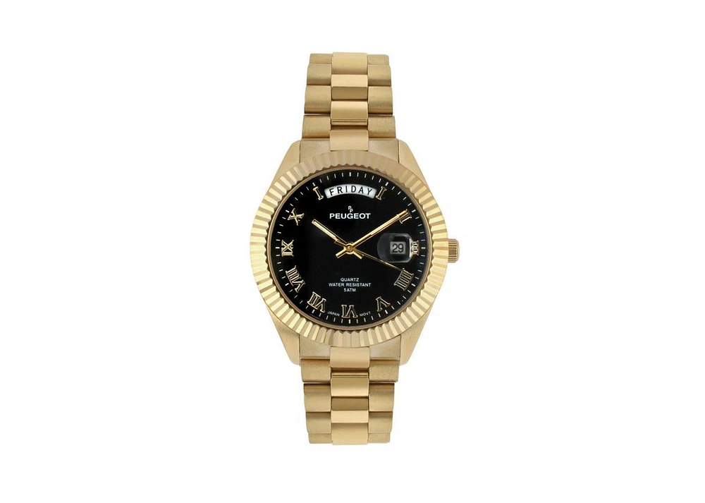 Peugeot Men's 40mm Black Face Fluted Bezel Gold Bracelet Watch