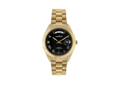 Peugeot Men's 40mm Black Face Fluted Bezel Gold Bracelet Watch