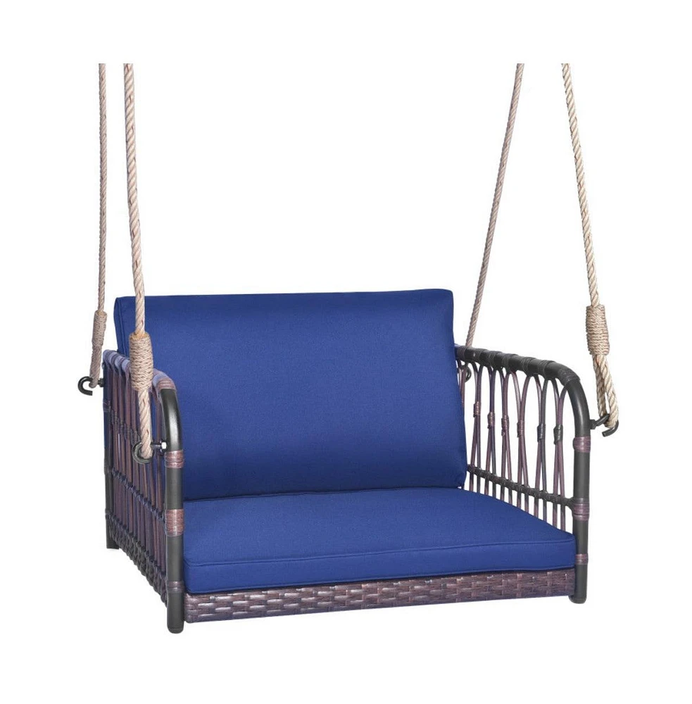 1-Person Rattan Hanging Porch Swing Seat with Cushions and Ropes