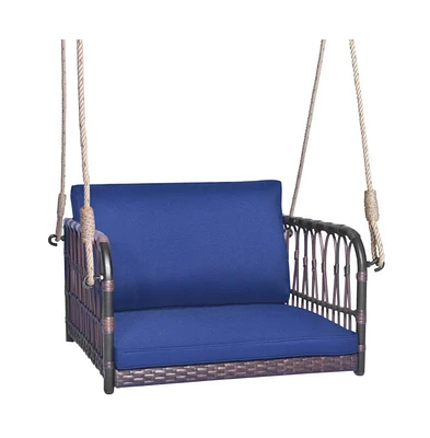 1-Person Rattan Hanging Porch Swing Seat with Cushions and Ropes