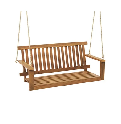 2-Seat Acacia Wood Porch Swing Bench with 2 Hanging Hemp Ropes