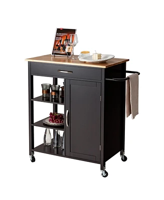 Mobile Kitchen Island Cart with Rubber Wood Top