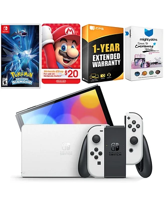 Nintendo Switch White Oled Console with Pokemon Brilliant Diamond, Nintendo $20 eShop Gift Card, MightySkins Console and Controller Skin Voucher