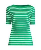 Lands' End Women's Supima Cotton Elbow Sleeve Boatneck Button Shoulder Tee