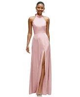 After Six Women's Band Collar Halter Open Back Fluid Satin Maxi Dress with Self-Tie Bow