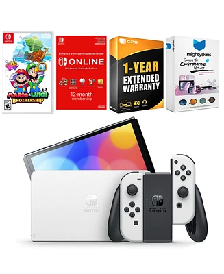 Nintendo Switch White Oled Console with Mario & Luigi: Brothership, Nso 12 Month Family Membership, MightySkins Console and Controller Skin Voucher