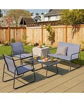 Gymax 4PCS Metal Outdoor Conversation Set Patio Furniture Set w/ Glass Table