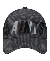 New Era Men's Black New Orleans Saints Midnight Ink Tonal Text A-Frame Trucker 9FORTY Adjustable Hat