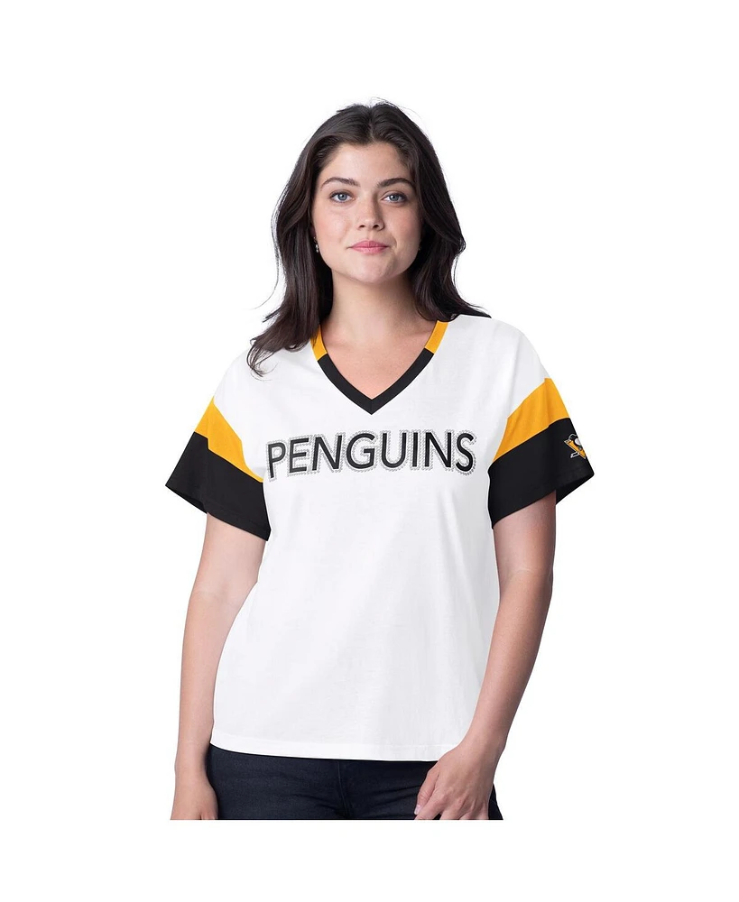 G-iii 4Her by Carl Banks Women's White Pittsburgh Penguins Rink Oversized Rhinestone V-Neck T-Shirt