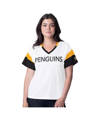 G-iii 4Her by Carl Banks Women's White Pittsburgh Penguins Rink Oversized Rhinestone V-Neck T-Shirt