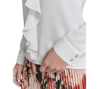 Calvin Klein Petite Ruffle-Trim Collared Blouse