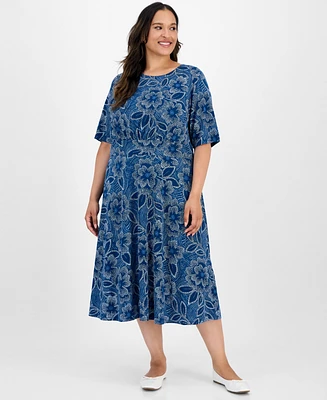 London Times Plus Short-Sleeve Printed Fit & Flare Midi Dress