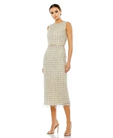 Mac Duggal Women's Sleeveless High Neck Beaded Midi Sheath Dress