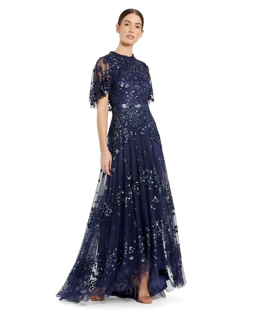 Mac Duggal Women's Sequined High Neck Flutter Sleeve A Line Gown