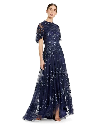 Mac Duggal Women's Sequined High Neck Flutter Sleeve A Line Gown