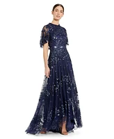Mac Duggal Women's Sequined High Neck Flutter Sleeve A Line Gown