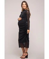 Pinkblush Maternity Black Shimmer Mesh Long Sleeve Ruched Midi Dress